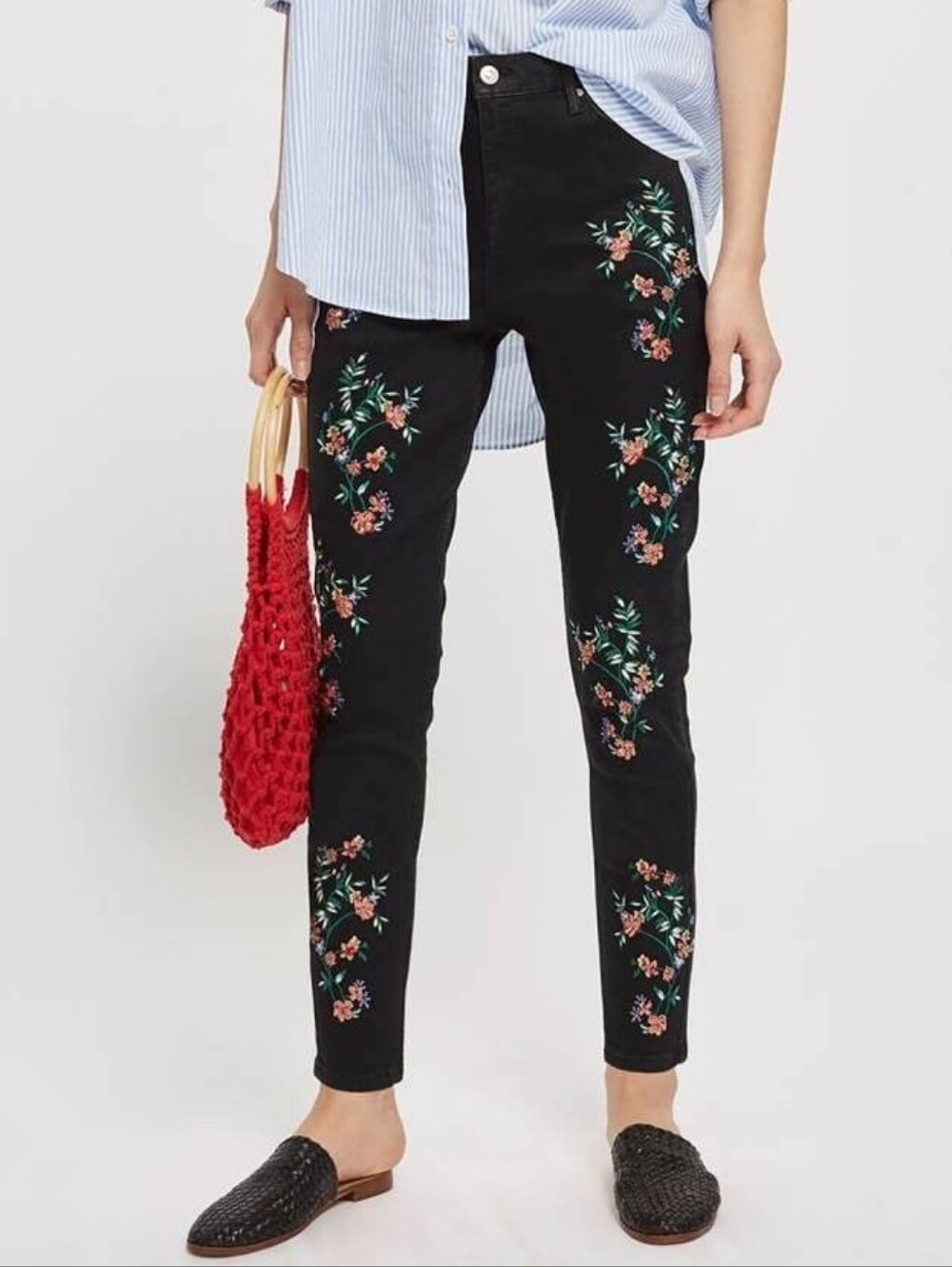 Topshop Black Embroidered Slim Jeans